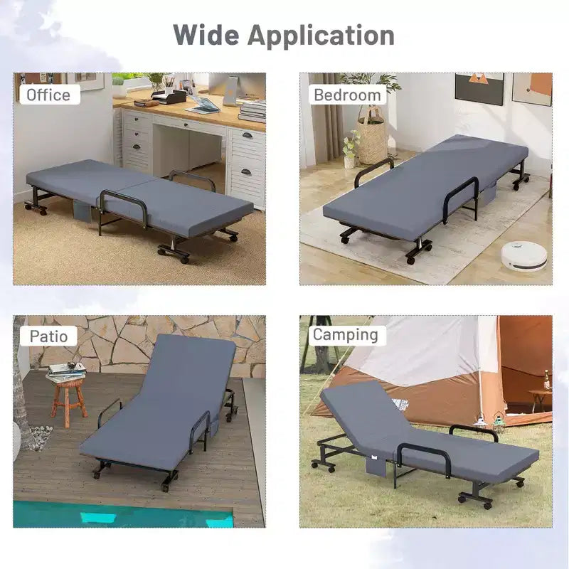 Lit pliant Costway Lit d'appoint réglable simple avec matelas jumeau, roues portables, marron/gris/blanc