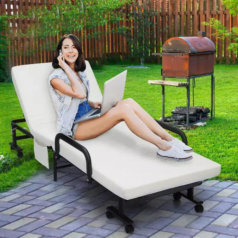 Lit pliant Costway Lit d'appoint réglable simple avec matelas jumeau, roues portables, marron/gris/blanc