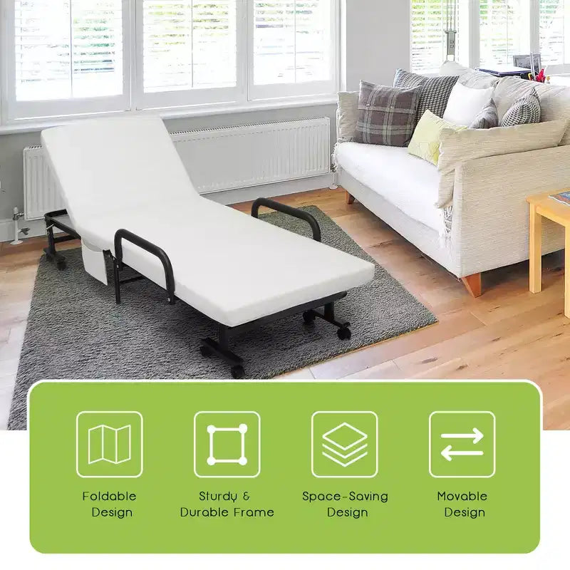Lit pliant Costway Lit d'appoint réglable simple avec matelas jumeau, roues portables, marron/gris/blanc