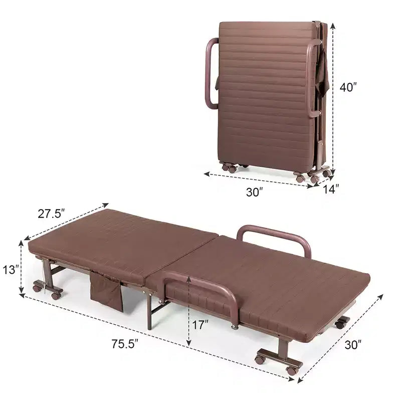 Lit pliant Costway Lit d'appoint réglable simple avec matelas jumeau, roues portables, marron/gris/blanc