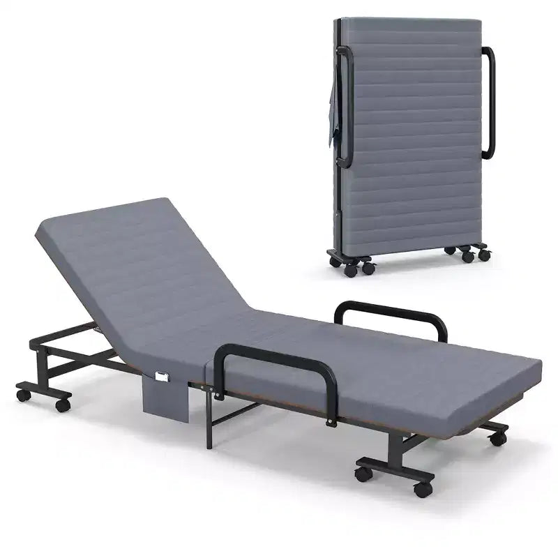 Lit pliant Costway Lit d'appoint réglable simple avec matelas jumeau, roues portables, marron/gris/blanc