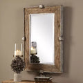 Miroir mural rectangulaire biseauté rustique, cadre en bois naturel vieilli et fer argenté, 25,25" de large