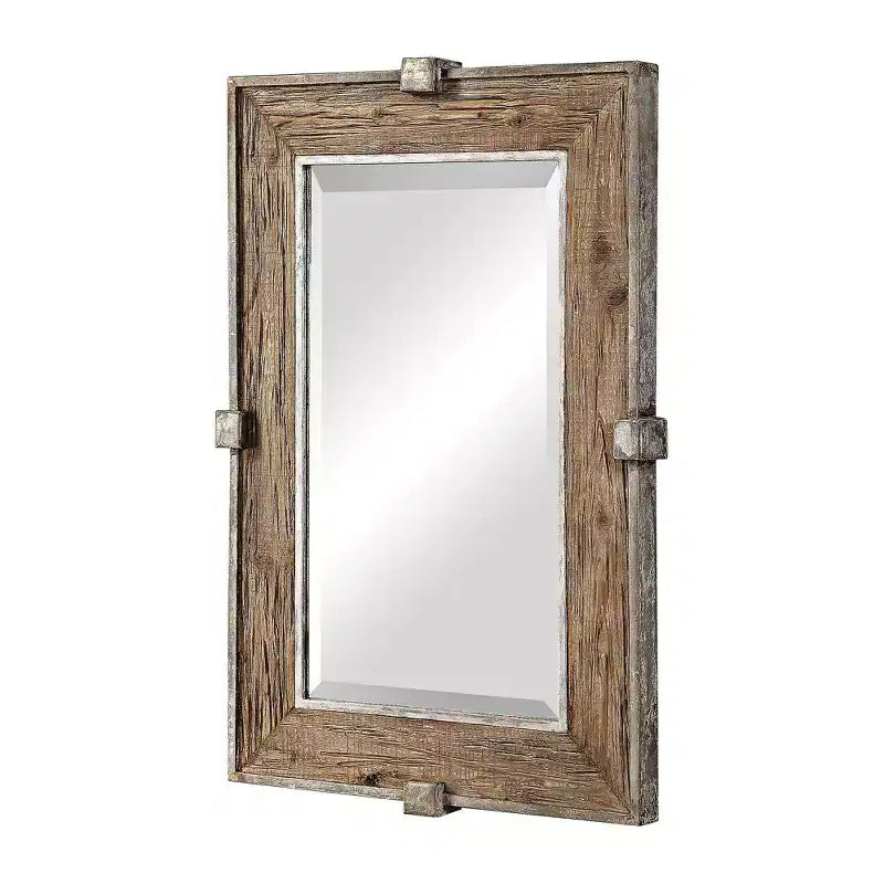 Miroir mural rectangulaire biseauté rustique, cadre en bois naturel vieilli et fer argenté, 25,25" de large