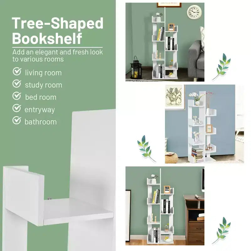 Costway Étagère 8 niveaux Bibliothèque design arbre Meuble de rangement décoratif autoportant Blanc/Noir