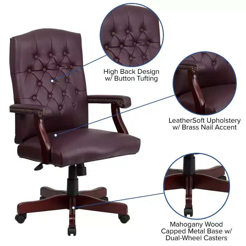 Chaise de bureau à dossier haut capitonnée avec réglage de la hauteur et pivotement à 360°