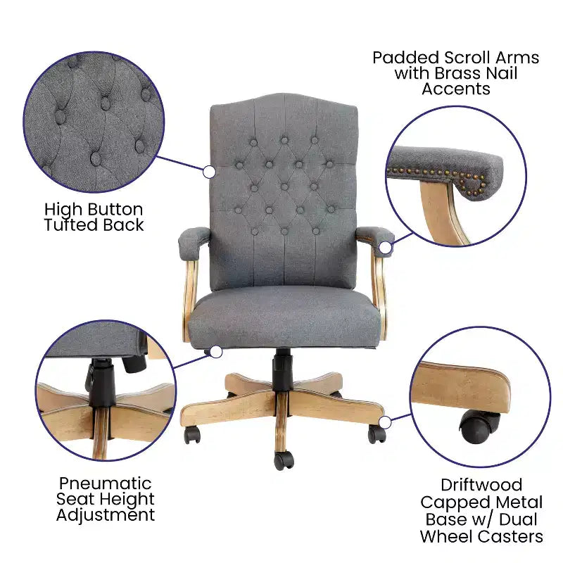 Chaise de bureau à dossier haut capitonnée avec réglage de la hauteur et pivotement à 360°