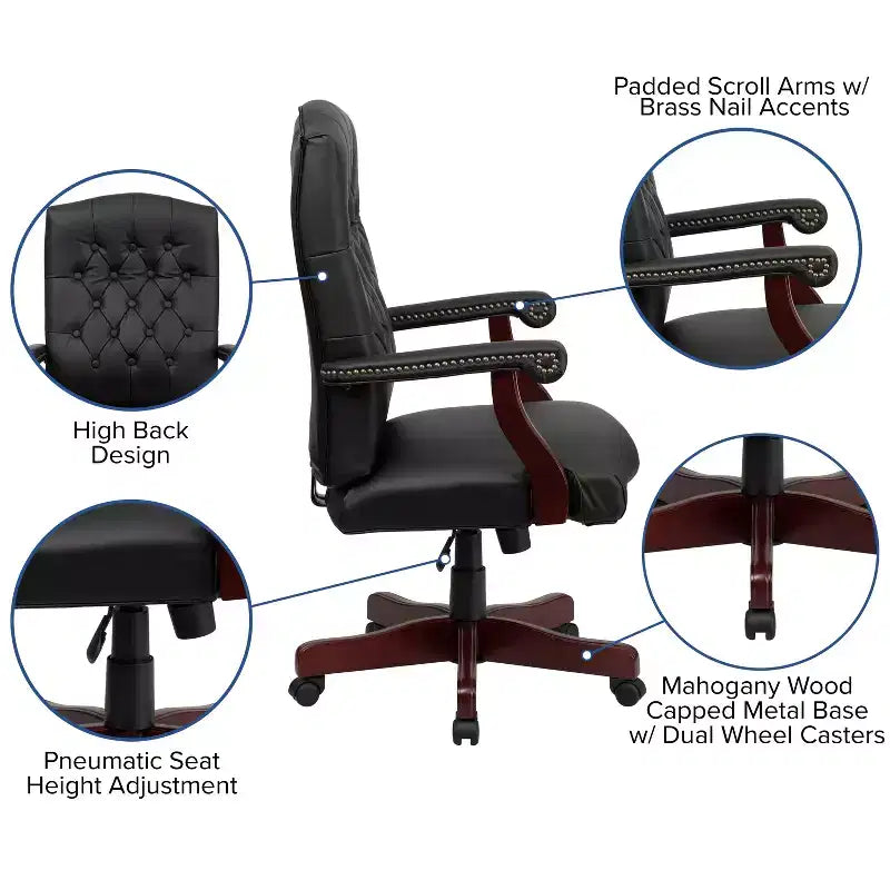 Chaise de bureau à dossier haut capitonnée avec réglage de la hauteur et pivotement à 360°