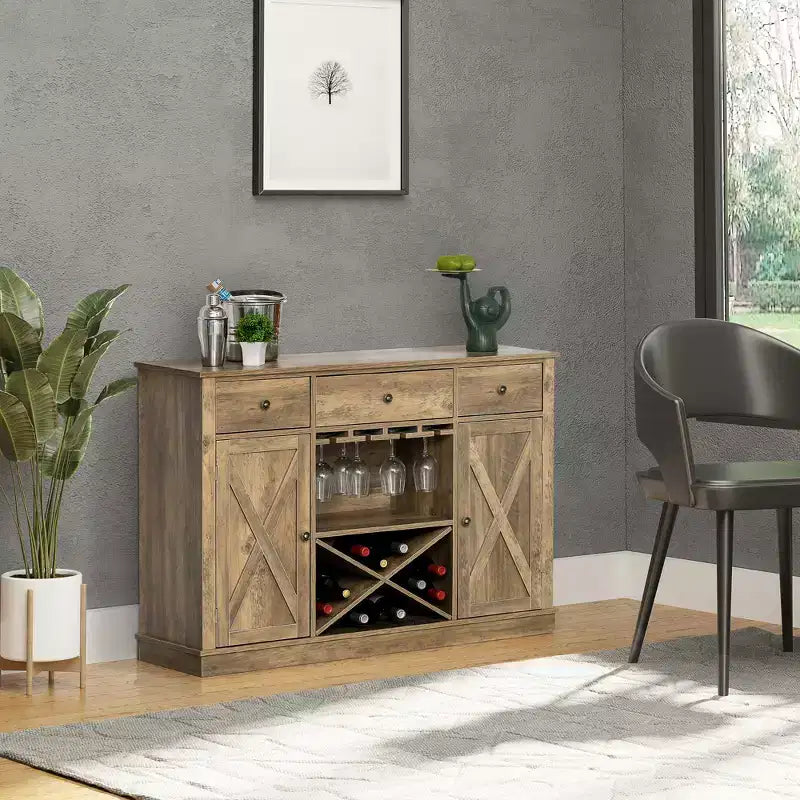 Bahut de style campagnard HOMCOM avec casier à vin en X, porte-verres et 3 tiroirs