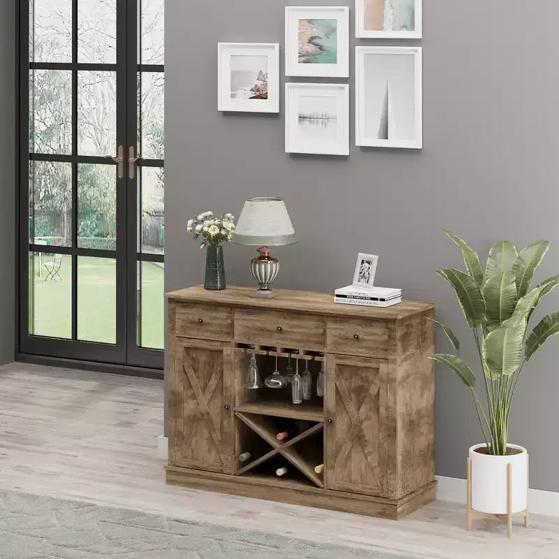 Bahut de style campagnard HOMCOM avec casier à vin en X, porte-verres et 3 tiroirs