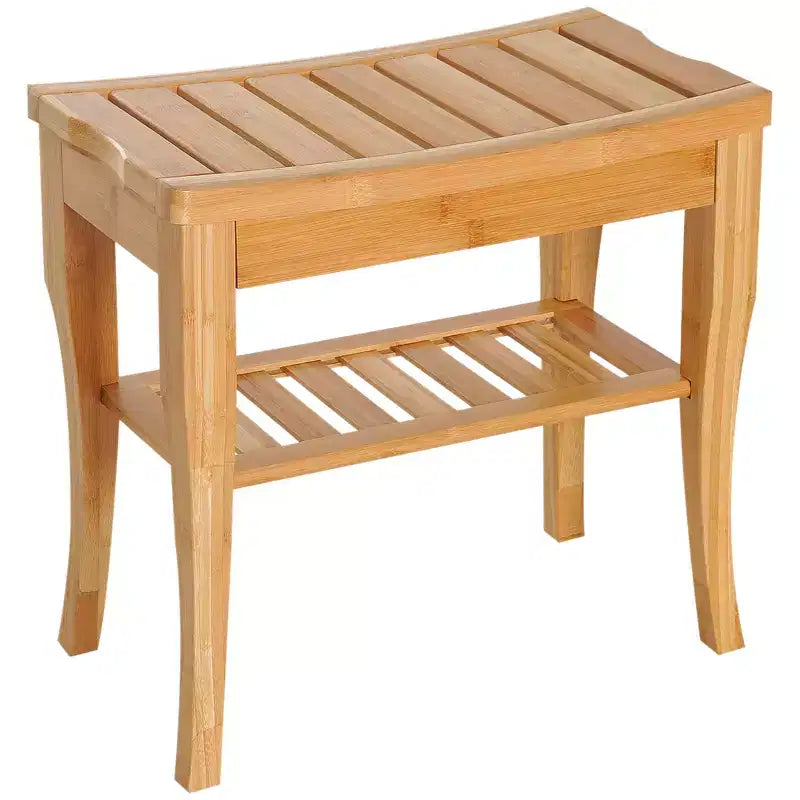 HOMCOM Banc de Douche Long en Bambou, 20 Tabouret de Douche en Bois pour Spa avec Étagère de Rangement et Organisateur de Chaussures