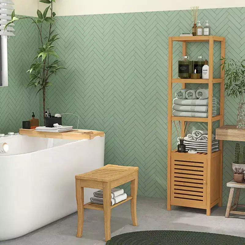 HOMCOM Banc de Douche Long en Bambou, 20 Tabouret de Douche en Bois pour Spa avec Étagère de Rangement et Organisateur de Chaussures
