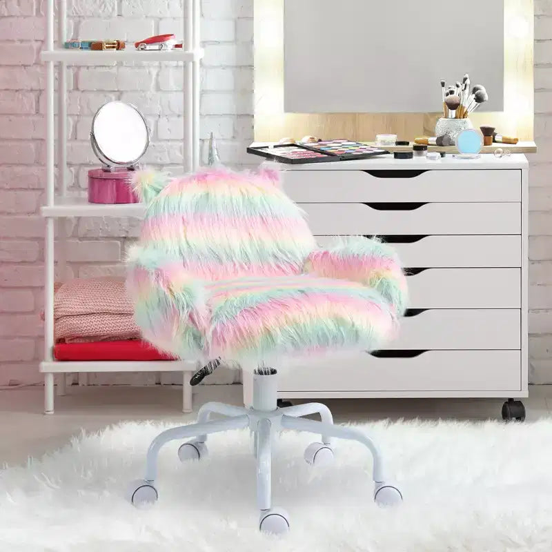 HOMCOM Fauteuil de Bureau Licorne avec Dossier Mi-Hauteur et Accoudoirs, Piètement à 5 Branches avec Roulettes Blanches, Arc-en-ciel