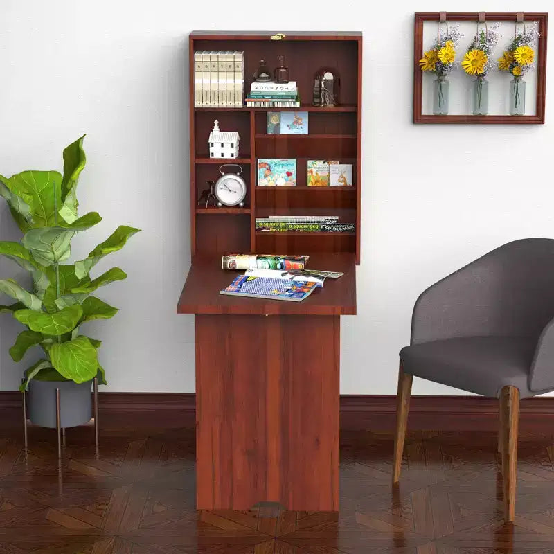 Bureau mural rabattable convertible avec étagères, table d'ordinateur flottante peu encombrante, Acajou