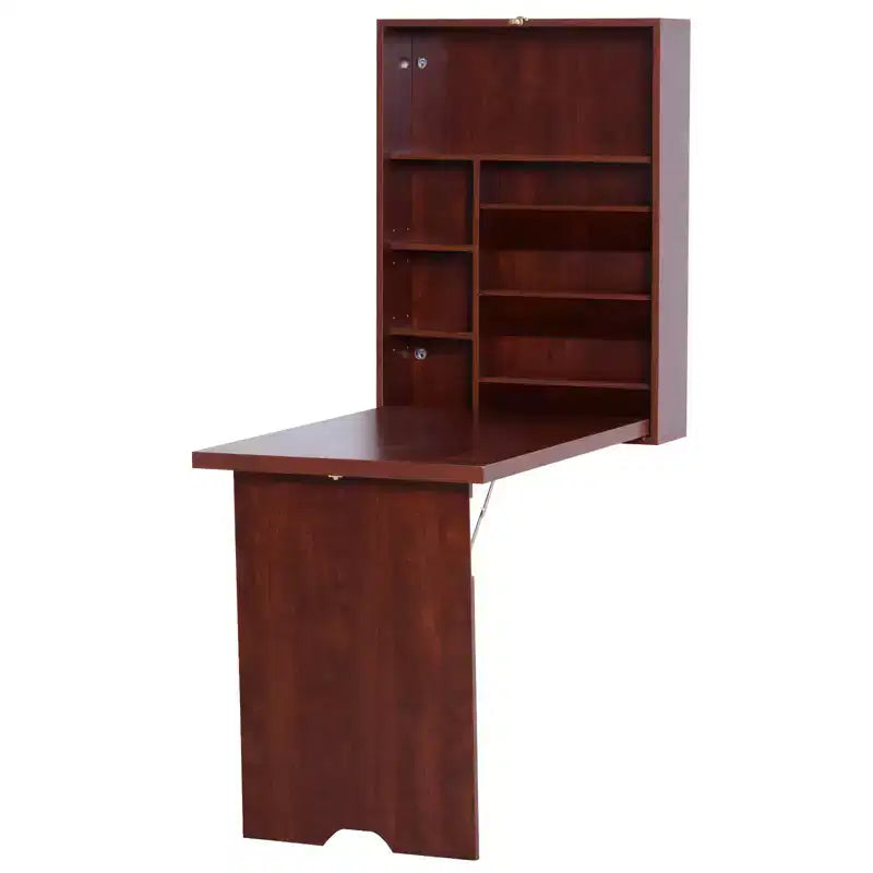 Bureau mural rabattable convertible avec étagères, table d'ordinateur flottante peu encombrante, Acajou