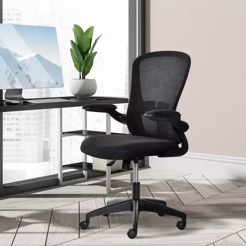 Chaise de bureau ergonomique à dossier mi-hauteur en maille, avec soutien lombaire, hauteur réglable et accoudoirs relevables, noire