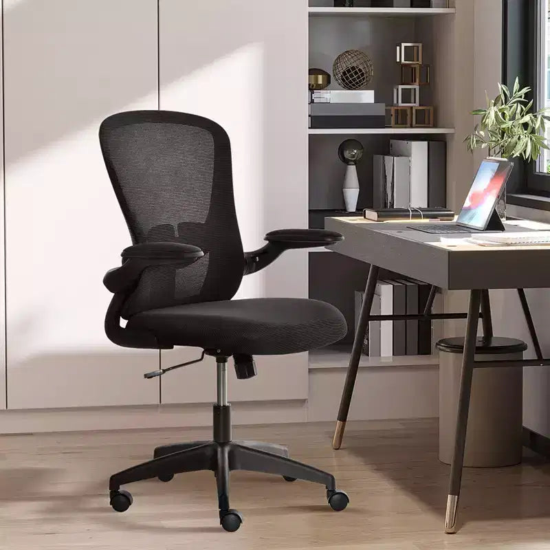 Chaise de bureau ergonomique à dossier mi-hauteur en maille, avec soutien lombaire, hauteur réglable et accoudoirs relevables, noire