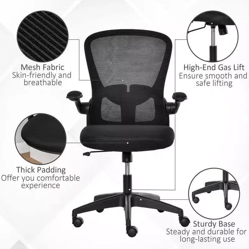 Chaise de bureau ergonomique à dossier mi-hauteur en maille, avec soutien lombaire, hauteur réglable et accoudoirs relevables, noire