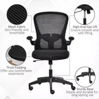 Chaise de bureau ergonomique à dossier mi-hauteur en maille, avec soutien lombaire, hauteur réglable et accoudoirs relevables, noire
