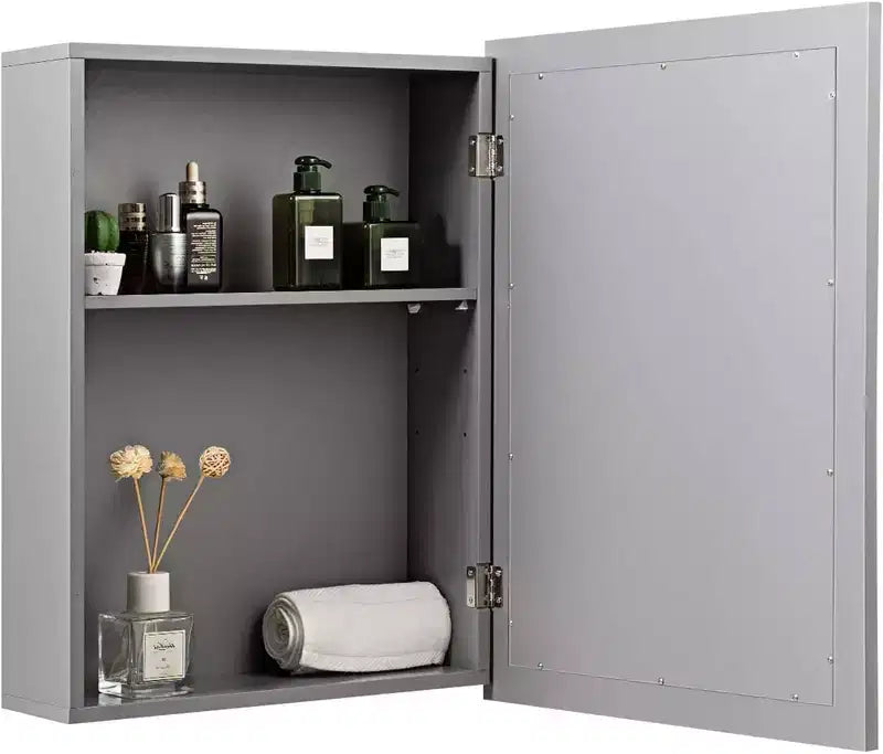 Armoire à pharmacie murale avec miroir et étagère réglable, organisateur de rangement de salle de bain, gris