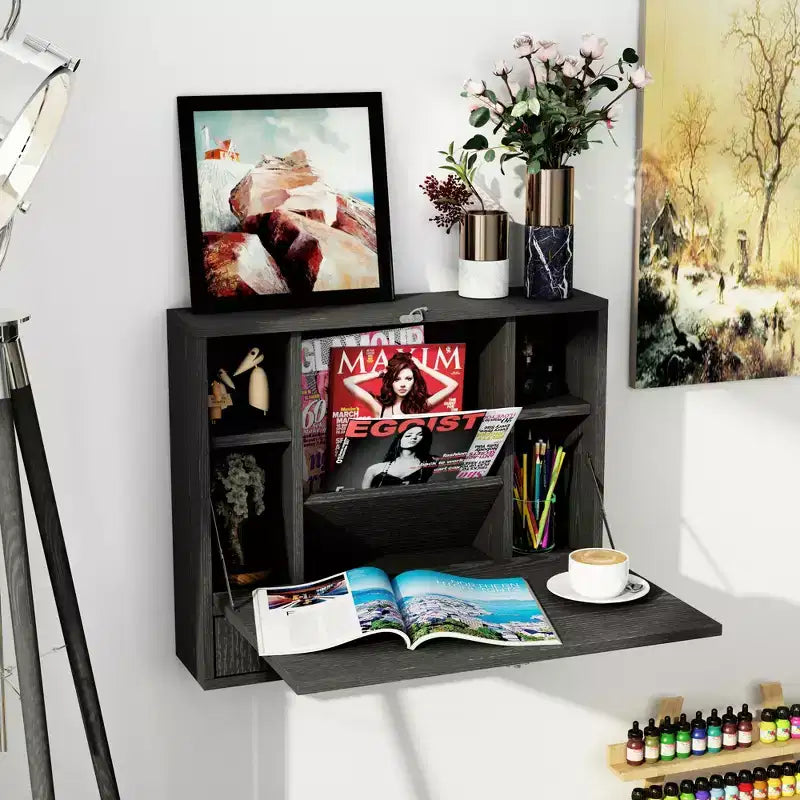 HOMCOM Bureau mural avec étagères de rangement, bureau flottant avec plateau pliable, table d'écriture d'ordinateur peu encombrante