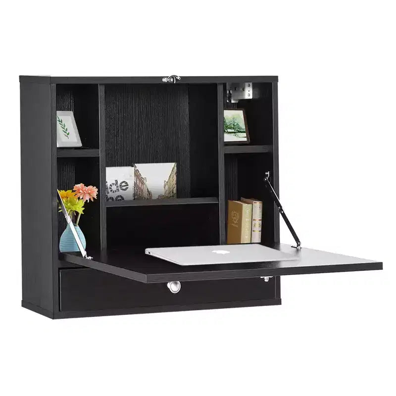 HOMCOM Bureau mural avec étagères de rangement, bureau flottant avec plateau pliable, table d'écriture d'ordinateur peu encombrante