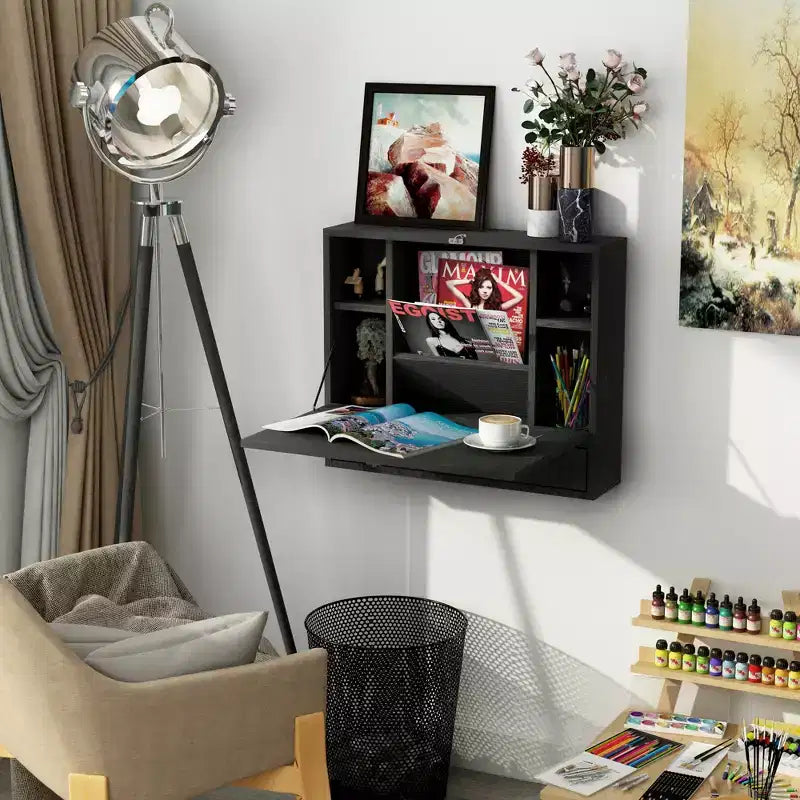 HOMCOM Bureau mural avec étagères de rangement, bureau flottant avec plateau pliable, table d'écriture d'ordinateur peu encombrante