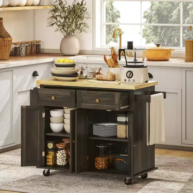 HOMCOM Îlot de cuisine sur roulettes, Chariot de service avec plan de travail en bois d'hévéa, étagère à épices, porte-serviettes et tiroirs pour salle à manger