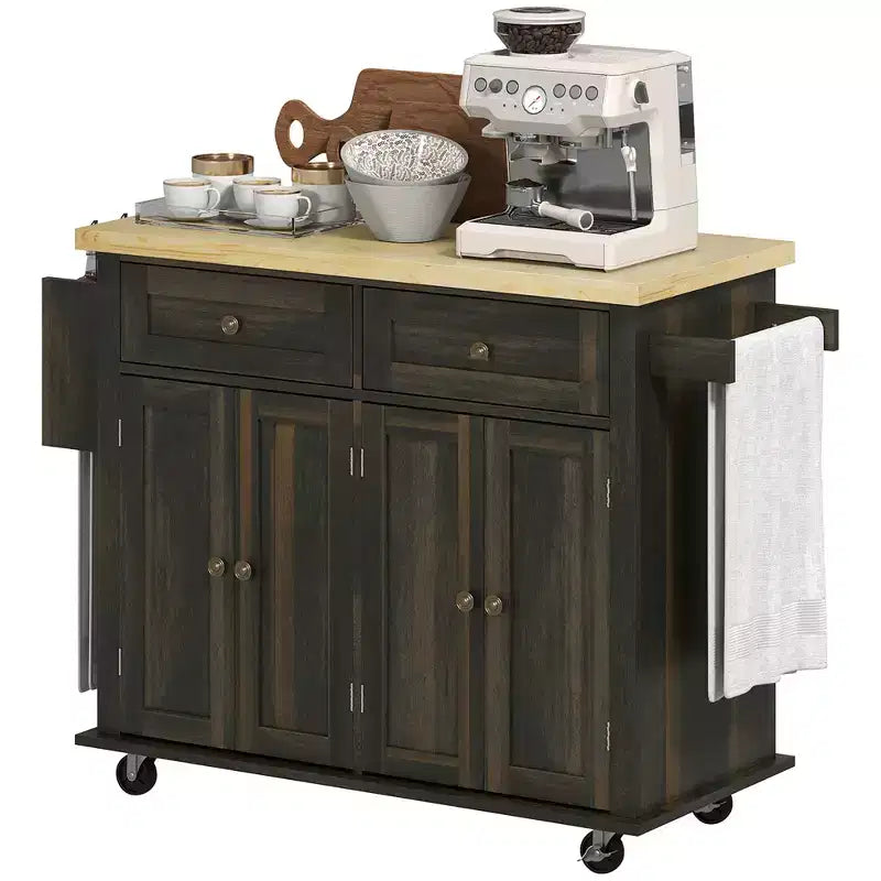 HOMCOM Îlot de cuisine sur roulettes, Chariot de service avec plan de travail en bois d'hévéa, étagère à épices, porte-serviettes et tiroirs pour salle à manger