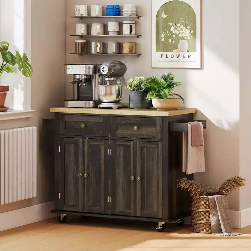 HOMCOM Îlot de cuisine sur roulettes, Chariot de service avec plan de travail en bois d'hévéa, étagère à épices, porte-serviettes et tiroirs pour salle à manger
