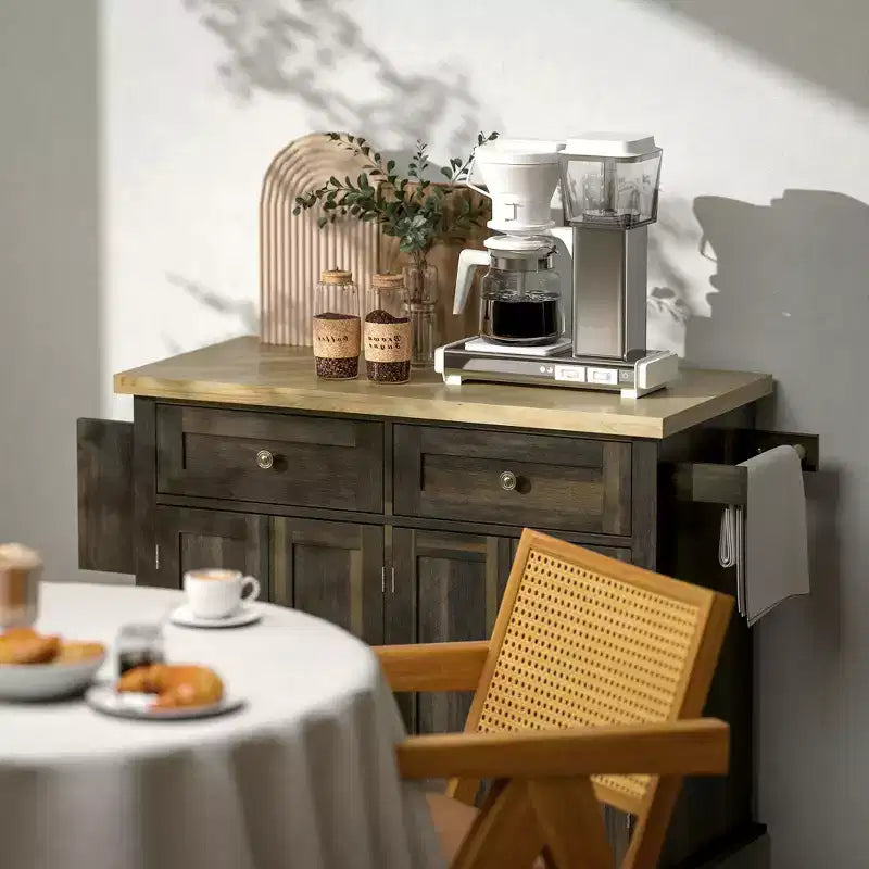 HOMCOM Îlot de cuisine sur roulettes, Chariot de service avec plan de travail en bois d'hévéa, étagère à épices, porte-serviettes et tiroirs pour salle à manger
