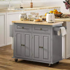 HOMCOM Îlot de cuisine sur roulettes, Chariot de service avec plan de travail en bois d'hévéa, étagère à épices, porte-serviettes et tiroirs pour salle à manger