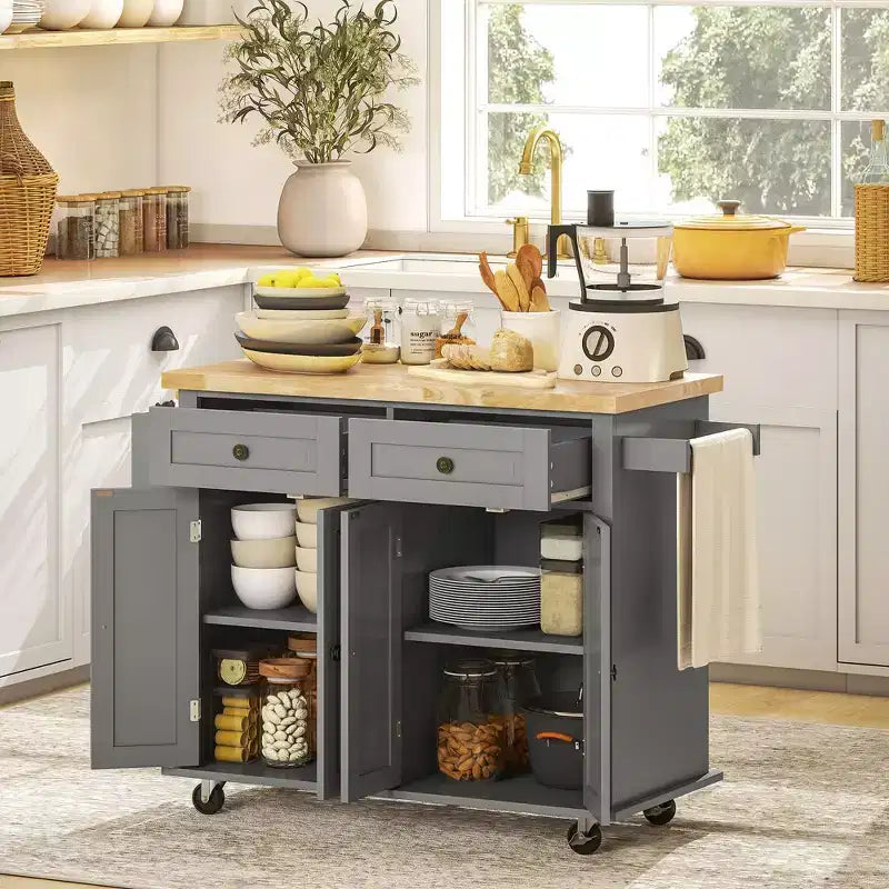 HOMCOM Îlot de cuisine sur roulettes, Chariot de service avec plan de travail en bois d'hévéa, étagère à épices, porte-serviettes et tiroirs pour salle à manger