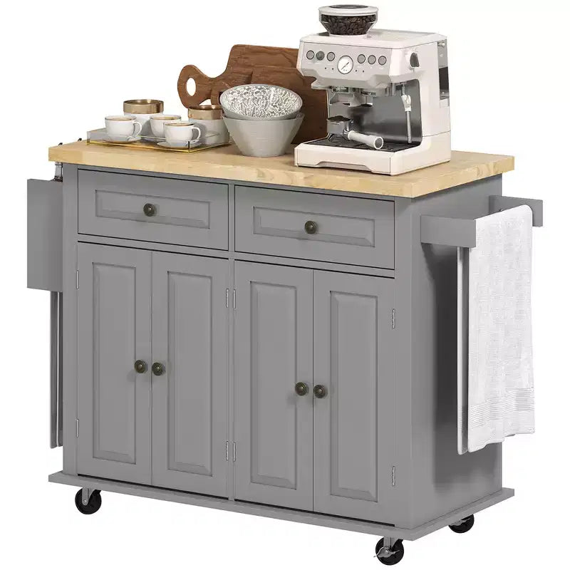 HOMCOM Îlot de cuisine sur roulettes, Chariot de service avec plan de travail en bois d'hévéa, étagère à épices, porte-serviettes et tiroirs pour salle à manger