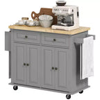 HOMCOM Îlot de cuisine sur roulettes, Chariot de service avec plan de travail en bois d'hévéa, étagère à épices, porte-serviettes et tiroirs pour salle à manger
