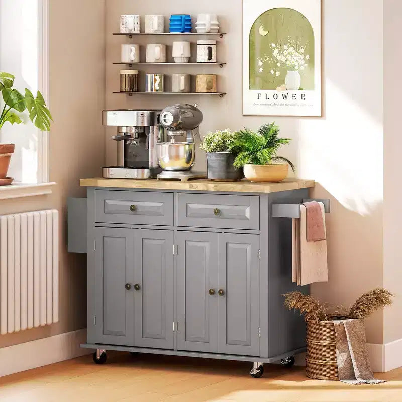 HOMCOM Îlot de cuisine sur roulettes, Chariot de service avec plan de travail en bois d'hévéa, étagère à épices, porte-serviettes et tiroirs pour salle à manger