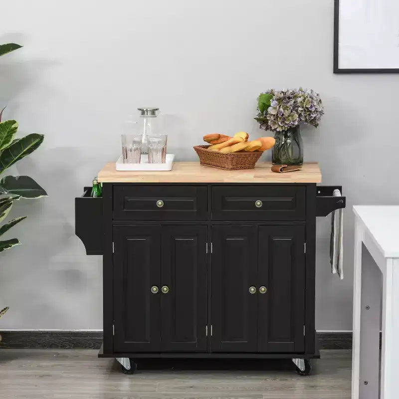 HOMCOM Îlot de cuisine sur roulettes, Chariot de service avec plan de travail en bois d'hévéa, étagère à épices, porte-serviettes et tiroirs pour salle à manger