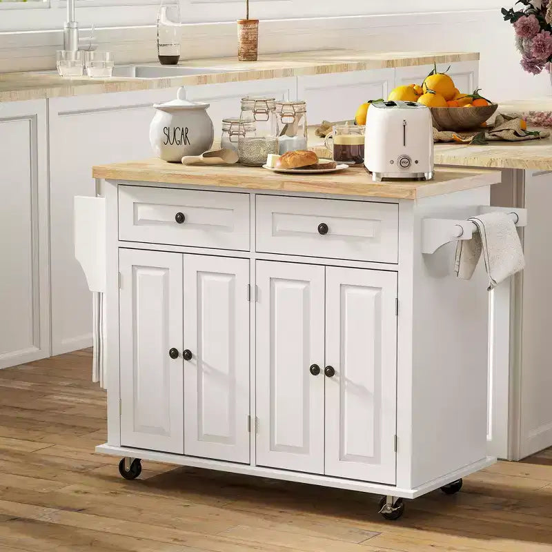 HOMCOM Îlot de cuisine sur roulettes, Chariot de service avec plan de travail en bois d'hévéa, étagère à épices, porte-serviettes et tiroirs pour salle à manger