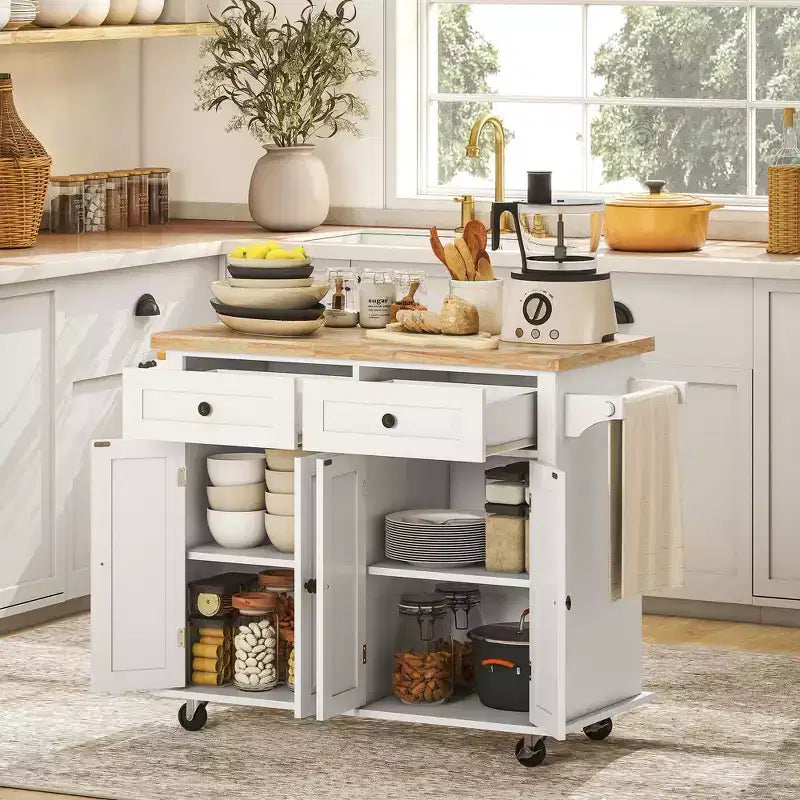 HOMCOM Îlot de cuisine sur roulettes, Chariot de service avec plan de travail en bois d'hévéa, étagère à épices, porte-serviettes et tiroirs pour salle à manger