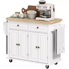 HOMCOM Îlot de cuisine sur roulettes, Chariot de service avec plan de travail en bois d'hévéa, étagère à épices, porte-serviettes et tiroirs pour salle à manger