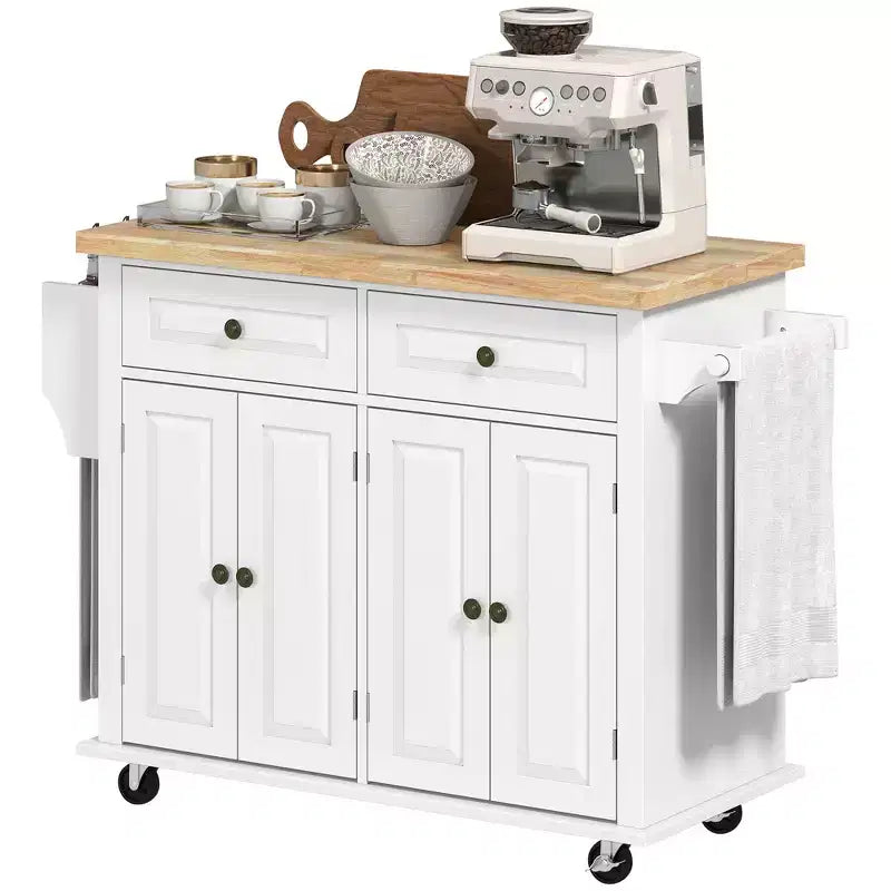 HOMCOM Îlot de cuisine sur roulettes, Chariot de service avec plan de travail en bois d'hévéa, étagère à épices, porte-serviettes et tiroirs pour salle à manger