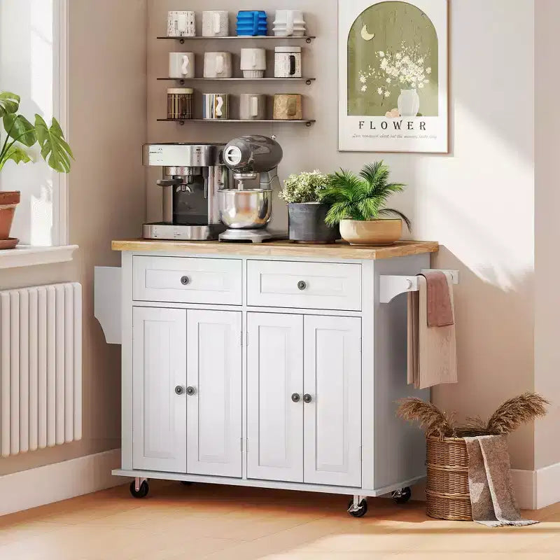 HOMCOM Îlot de cuisine sur roulettes, Chariot de service avec plan de travail en bois d'hévéa, étagère à épices, porte-serviettes et tiroirs pour salle à manger