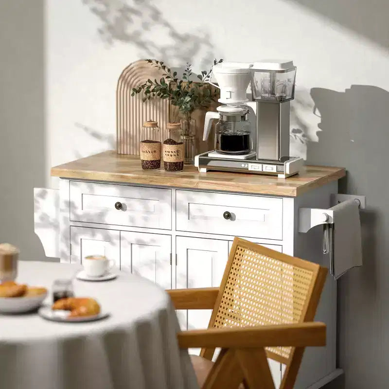 HOMCOM Îlot de cuisine sur roulettes, Chariot de service avec plan de travail en bois d'hévéa, étagère à épices, porte-serviettes et tiroirs pour salle à manger