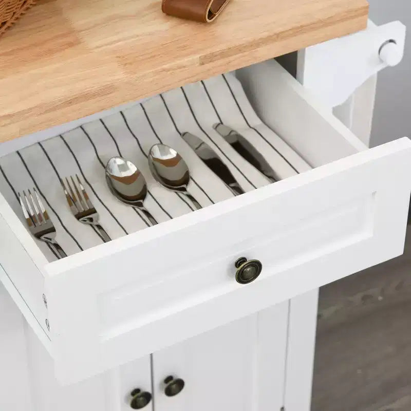 HOMCOM Îlot de cuisine sur roulettes, Chariot de service avec plan de travail en bois d'hévéa, étagère à épices, porte-serviettes et tiroirs pour salle à manger