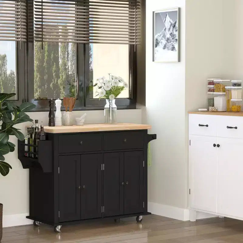 HOMCOM Îlot de cuisine sur roulettes, Chariot de service avec plan de travail en bois d'hévéa, étagère à épices, porte-serviettes et tiroirs pour salle à manger