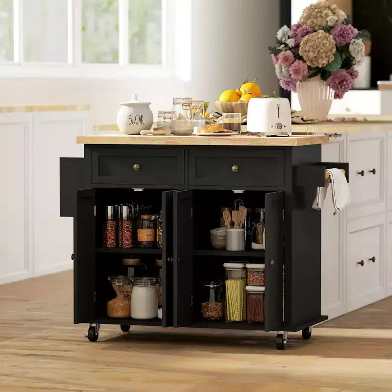 HOMCOM Îlot de cuisine sur roulettes, Chariot de service avec plan de travail en bois d'hévéa, étagère à épices, porte-serviettes et tiroirs pour salle à manger