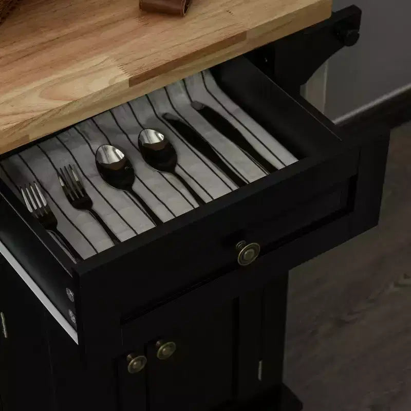 HOMCOM Îlot de cuisine sur roulettes, Chariot de service avec plan de travail en bois d'hévéa, étagère à épices, porte-serviettes et tiroirs pour salle à manger