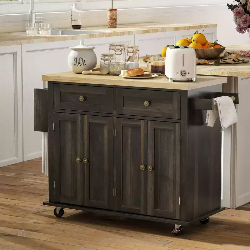 HOMCOM Îlot de cuisine sur roulettes, Chariot de service avec plan de travail en bois d'hévéa, étagère à épices, porte-serviettes et tiroirs pour salle à manger