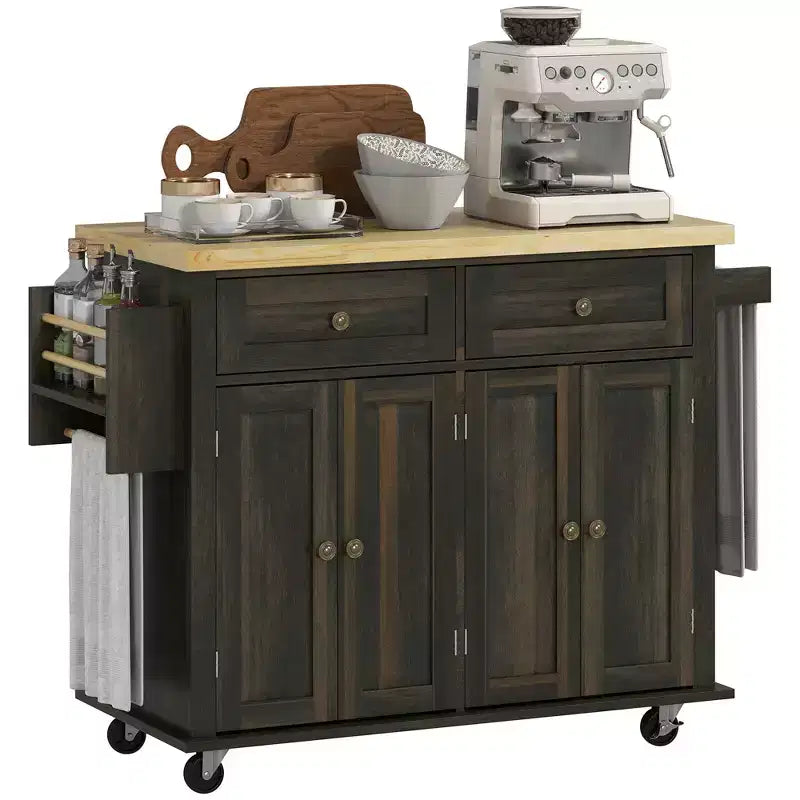HOMCOM Îlot de cuisine sur roulettes, Chariot de service avec plan de travail en bois d'hévéa, étagère à épices, porte-serviettes et tiroirs pour salle à manger