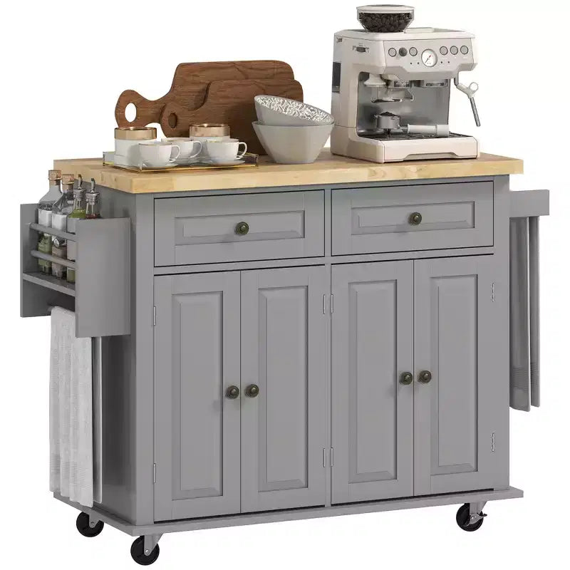 HOMCOM Îlot de cuisine sur roulettes, Chariot de service avec plan de travail en bois d'hévéa, étagère à épices, porte-serviettes et tiroirs pour salle à manger