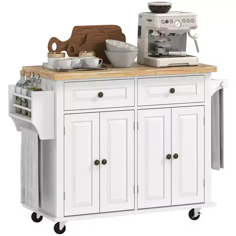 HOMCOM Îlot de cuisine sur roulettes, Chariot de service avec plan de travail en bois d'hévéa, étagère à épices, porte-serviettes et tiroirs pour salle à manger